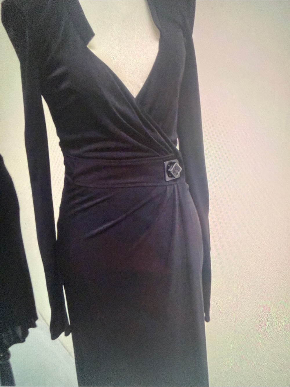 Versace Black Long-Sleeve Wrap Dress with Decorative Buckle